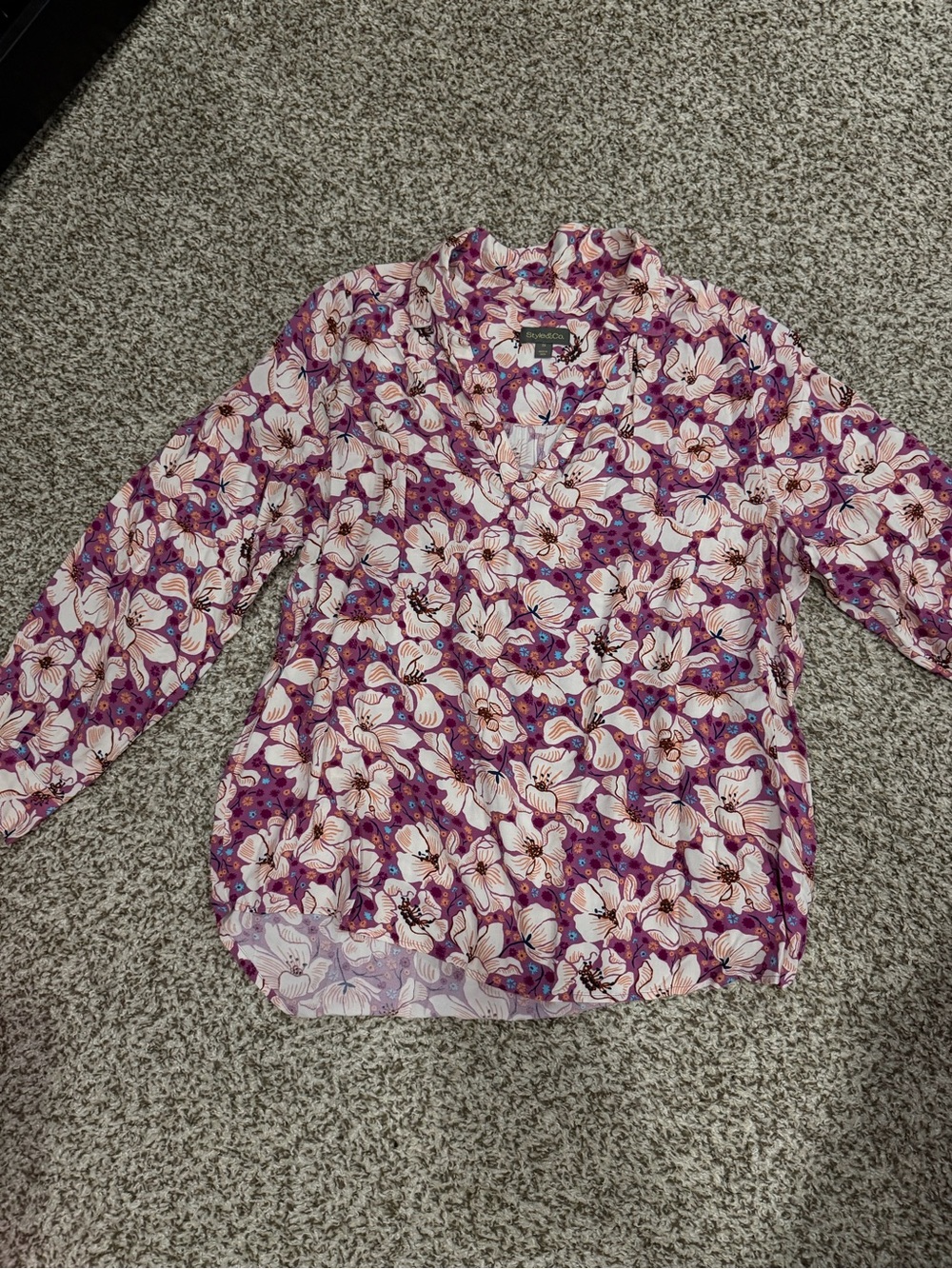 Style & Co. Pink and Purple Floral V-Neck Blouse